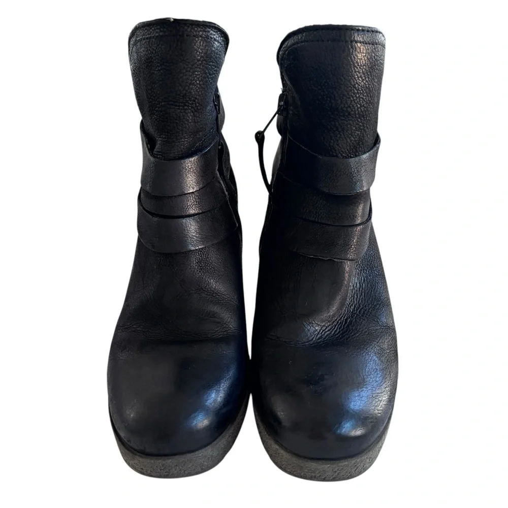 Miz Mooz Narcissa Black Leather Strap Wedge Bootie  Size 38